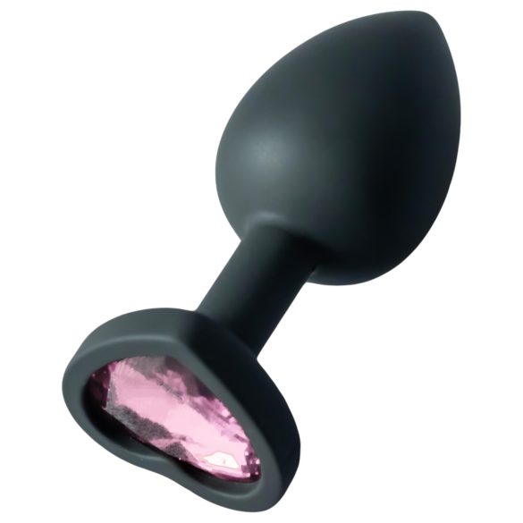 Sunfo - silikonski analni čep sa srcastim roze kamenom (crni)