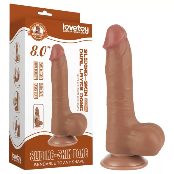 Lovetoy Klizna Koža - Dvostruki Dildo sa Testisima - 20,8 cm (tamna prirodna)