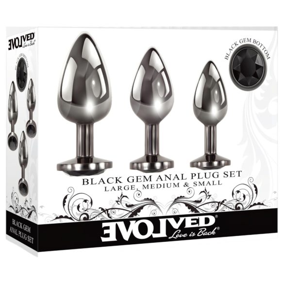 Evolved Black Gem - metalni analni plug set sa crnim kamenom (srebrni)
