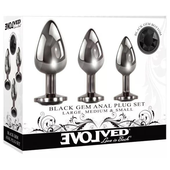 Evolved Black Gem - metalni analni čepovi set, crni kamen (srebro)
