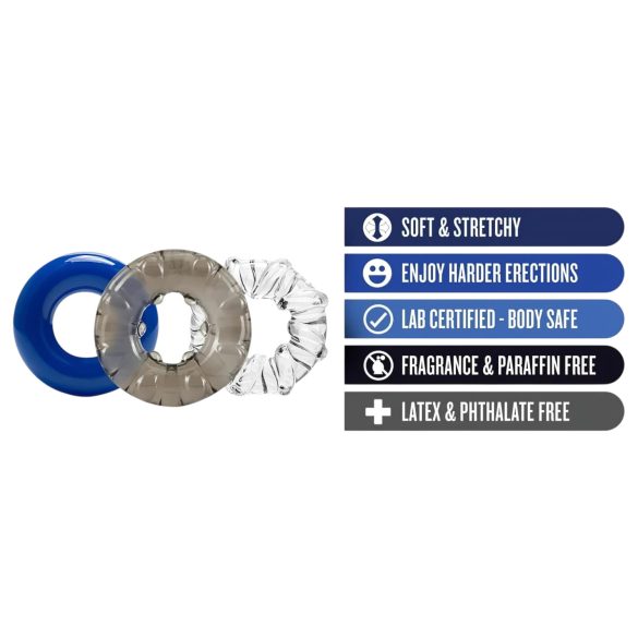 Stay Hard - разнобојни сет прстенова за пенис - 3 комада