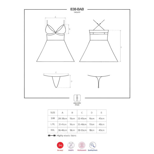 Obsessive 838-BAB-1 - prozirni, čipkani babydoll set (crni) - 2XL/3XL